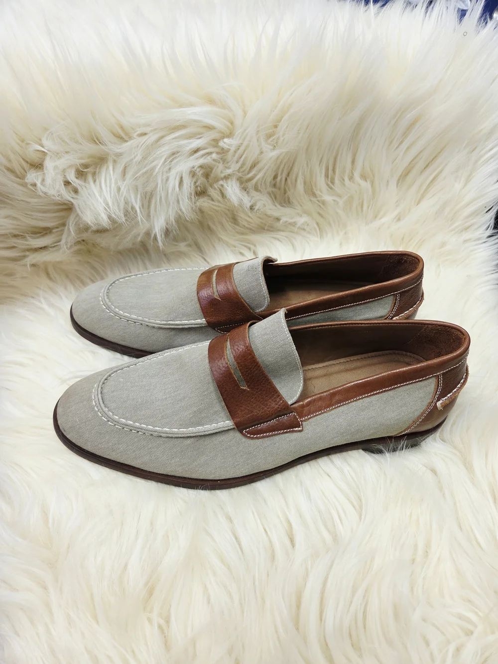 Mens Luxury Bullocks & Jones Gray Canvas & Brown Leather Penny Dress Shoes